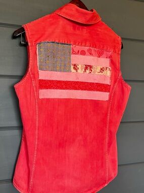 Faconnable Women's Sleeveless Button-Down Shirt in Coral Red with Patchwork Flag